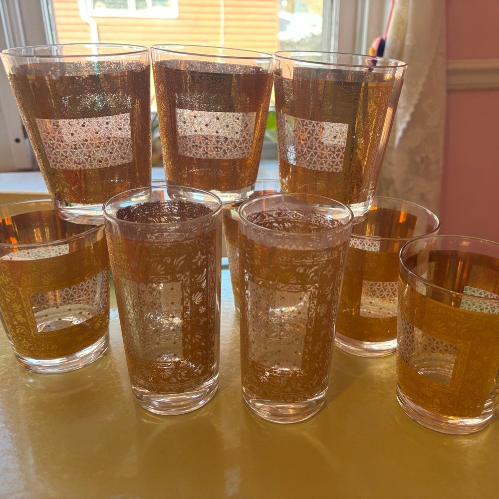 Vtg Pasinski 8 Mid-Century 22-Kt Gold Lowball 2 Highball Kashmir Glasses